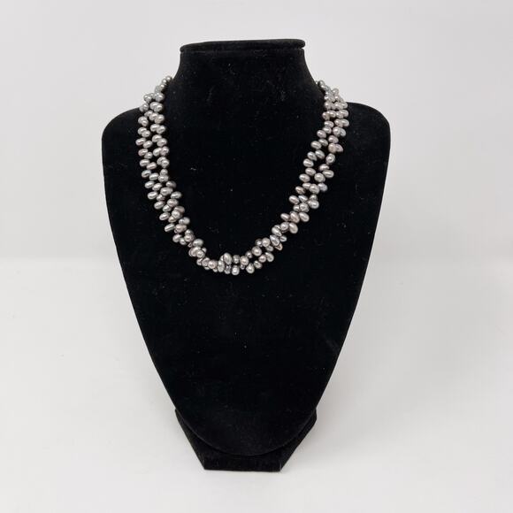 Double Layered Dark Gray Iridescent Pearl Necklace Statement Freshwater Dainty - Picture 1 of 6